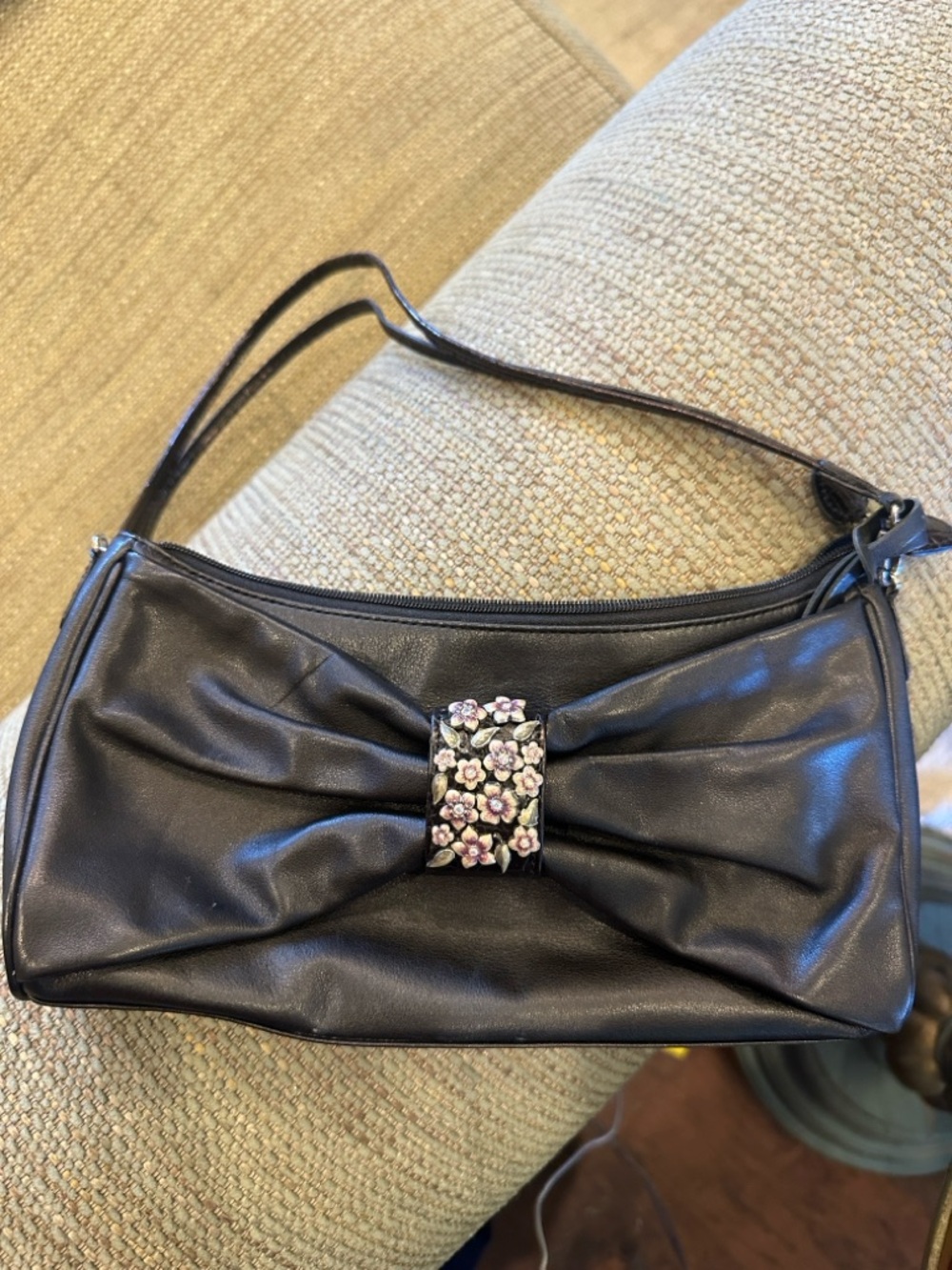 Brighton Black Shoulder Bag with Floral-Embellished Bow Accent